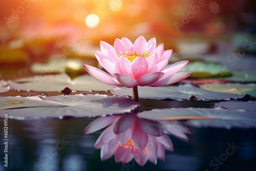 Beautiful lotus flower blooming in a pond with its reflection on the surface. Generative AI