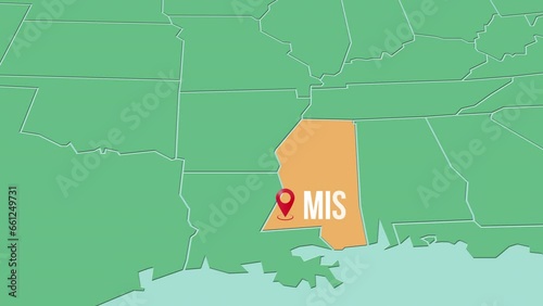 Mapa de los Estados Unidos de América con división política resaltando el estado de Mississippi photo