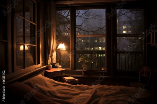 Nighttime room with a window. Generative AI