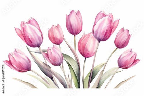 Watercolor tulips on transparent background. Delicate and beautiful spring botanical illustration. Generative AI