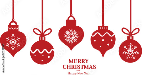 Christmas greeting card with hanging red baubles.