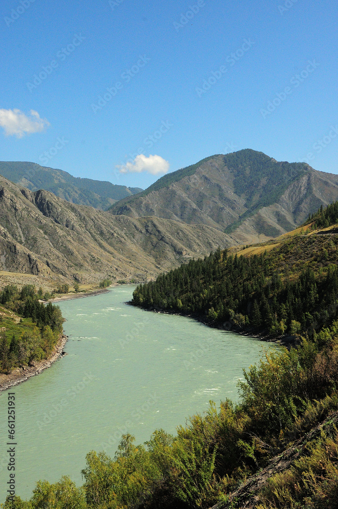 The bends of the channel of a beautiful and wide turquoise river flowing through a deserted valley surrounded by high mountain ranges on a clear summer day.