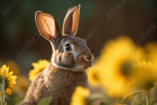 A lovely bunny sitting in a sunflower field during the spring season. Generative AI