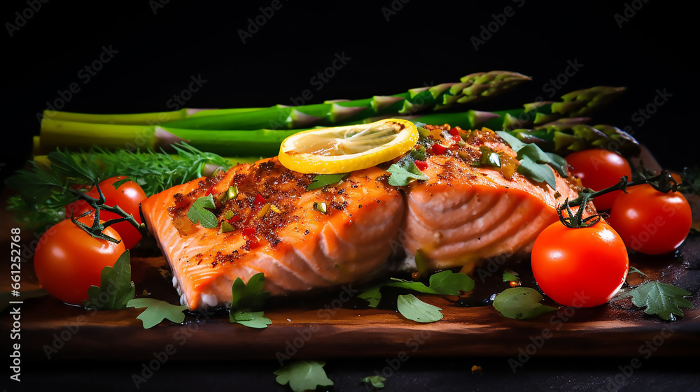 Fresh Baked salmon garnished with asparagus and tomatoes