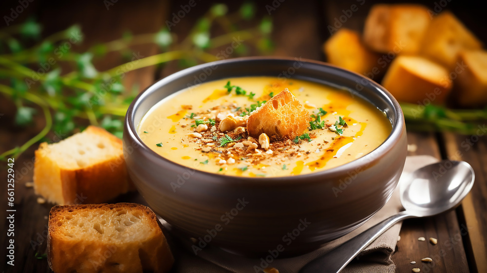 Fall warming pumpkin cream soup with croutons Fall warming pumpkin cream soup with croutons