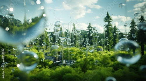 3D rendering of hydrogen in a soap bubble on a forest background. Innovative hydrogen H 2 technology, zero emissions. Reduce carbon dioxide © sirisakboakaew