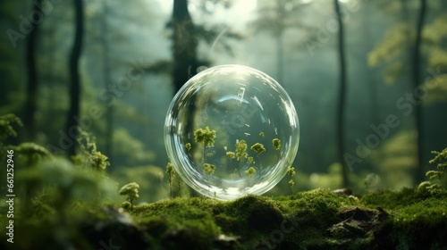 3D rendering of hydrogen in a soap bubble on a forest background. Innovative hydrogen H 2 technology, zero emissions. Reduce carbon dioxide
