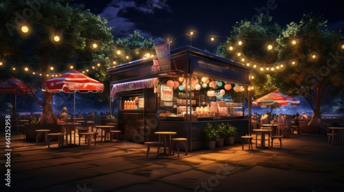 3D image of street food and drink stalls in the night park Vector cartoon illustration of coffee and cocktail shop, burger stand,
