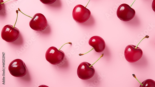 Amazing Flat lay of cherries on a pink background