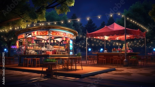 3D image of street food and drink stalls in the night park Vector cartoon illustration of coffee and cocktail shop, burger stand, © sirisakboakaew