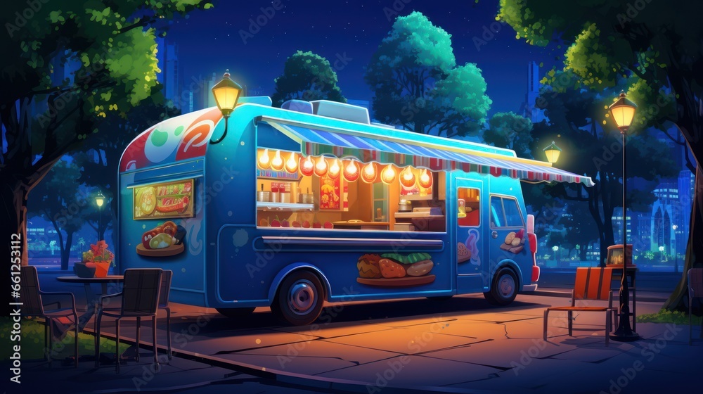 A street food truck at night vector illustration. City park with burgers, pizza, and donut truck vendor cartoon background.