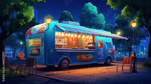 A street food truck at night vector illustration. City park with burgers, pizza, and donut truck vendor cartoon background.