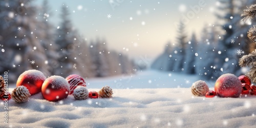 Winter panoramic background with snow - covered spruce branches, Christmas tree decorated with toys in snowfall.