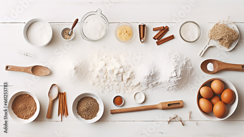 Fantastic Baking Tools and Ingredients for Cakes on White Wood