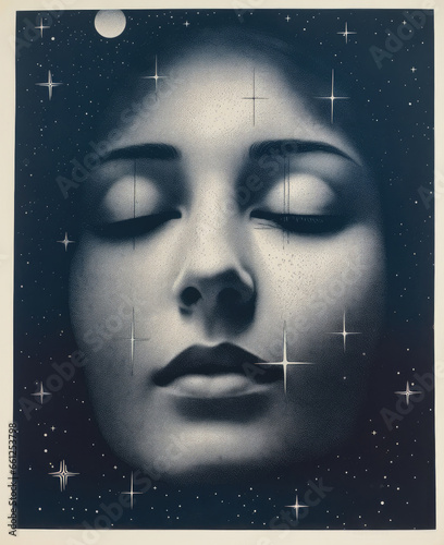 A woman's face, imagines the stars — close up of eyes — risograph style print