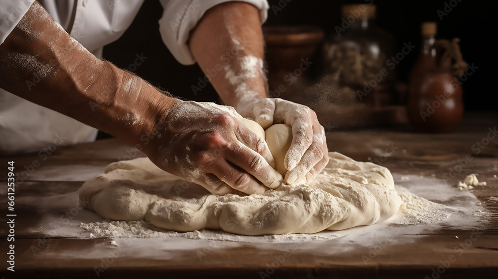 Amazing Hands of bakers male knead dough