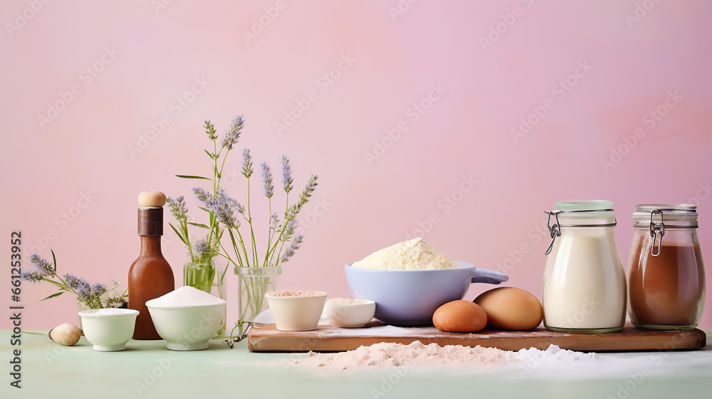 Amazing Ingredients and utensils for baking on a pastel backgrou Amazing Ingredients and utensils for baking on a pastel backgrou