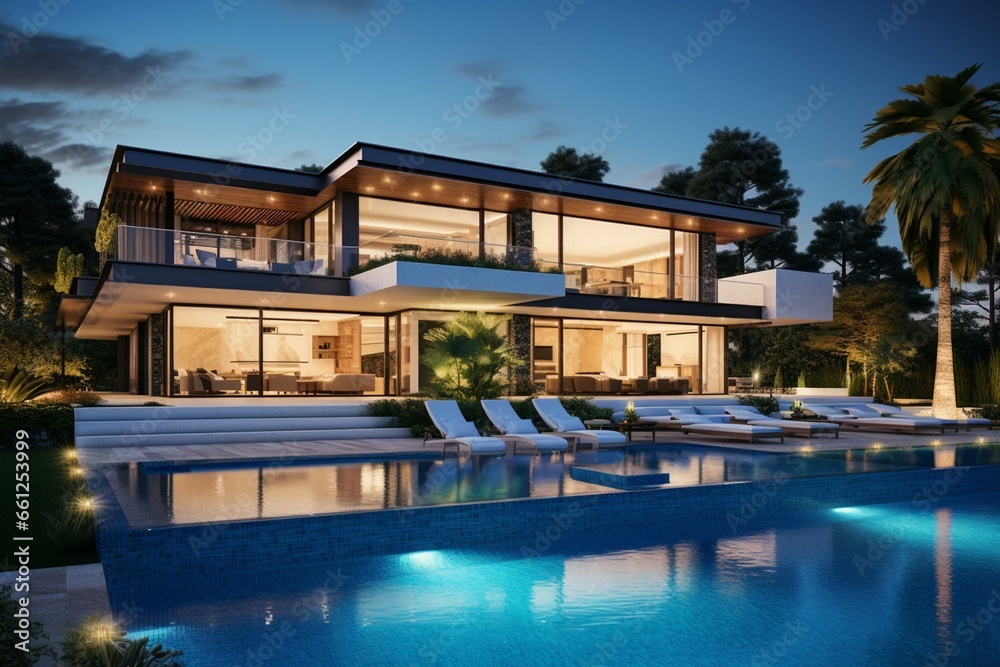 Image of a contemporary luxurious residence featuring an elegant outdoor pool in the backyard. Generative AI