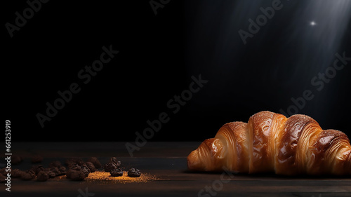 Fresh croissant on dark mood background and copy space