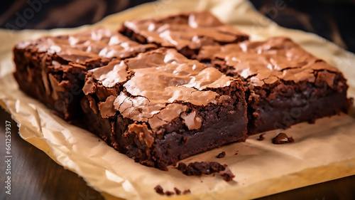 Freshly baked homemade brownies on a parchment paper photo