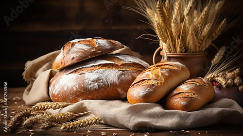 Elegant Heap of fresh baked bread on wooden background