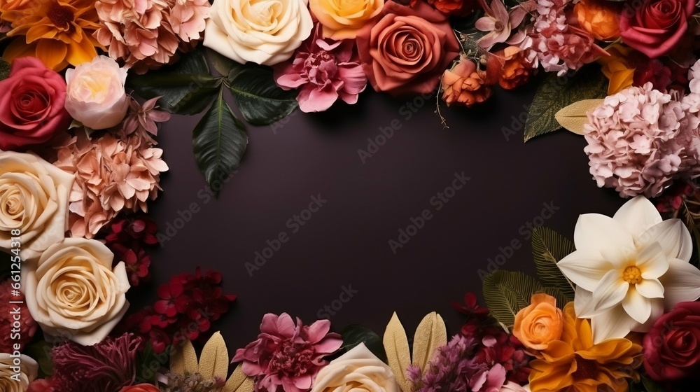 Creative layout made of flowers and leaves with paper card note
