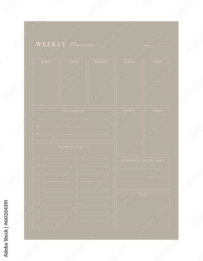 Weekly Planner. (Summer) Minimalist planner template set. Vector illustration. Weekly Planner. (Summer) Minimalist planner template set. Vector illustration.