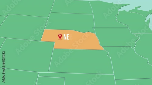 Mapa de los Estados Unidos de América con división política resaltando el estado de Nebraska photo