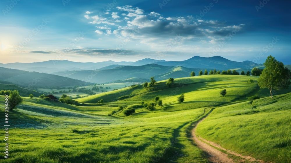 Picturesque winding path through a green grass field in hilly area in morning at dawn against blue sky with clouds Picturesque winding path through a green grass field in hilly area in morning at dawn against blue sky with clouds
