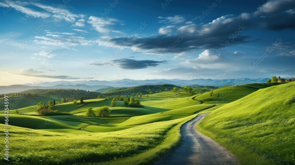 Picturesque winding path through a green grass field in hilly area in morning at dawn against blue sky with clouds