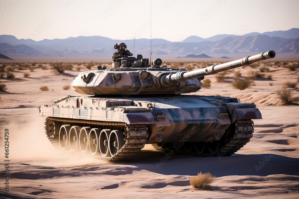 big tank going at war at full speed in the desert with a gunman on top big tank going at war at full speed in the desert with a gunman on top