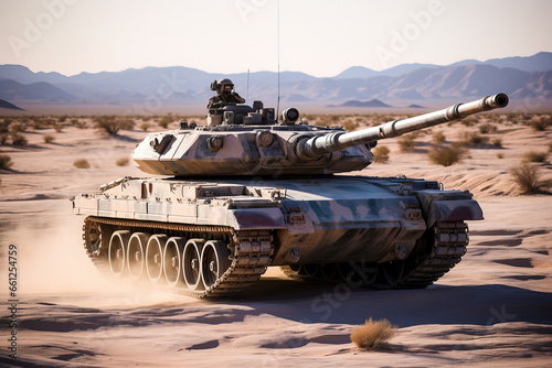 big tank going at war at full speed in the desert with a gunman on top