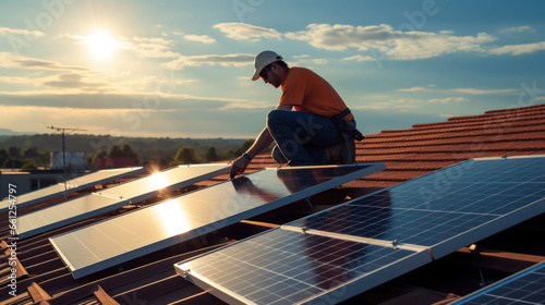  Installation de panneaux solaires au coucher du soleil : un technicien au travail. photo