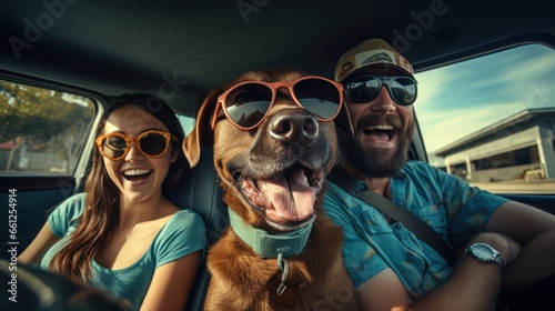The whole family is driving for the weekend. Father and mother with daughter and Labrador dog sitting in the car