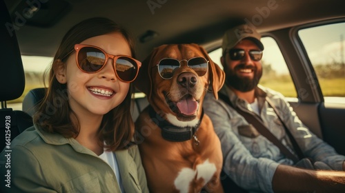 The whole family is driving for the weekend. Father and mother with daughter and Labrador dog sitting in the car © sirisakboakaew