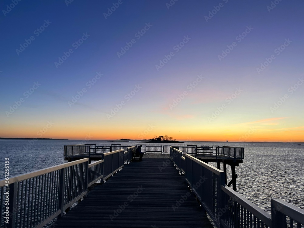 Sunrise on the pier, Long Island Sound, Norwalk, CT