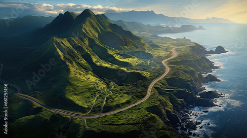 An awe-inspiring aerial view of a winding road cutting through mountains or a coastal landscape, depicting nature's grandeur. 