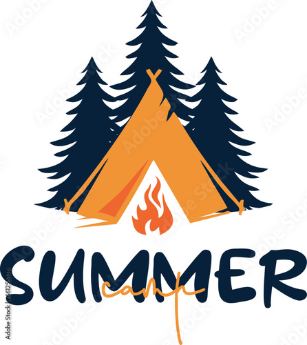summer camp logo with pine trees and tent