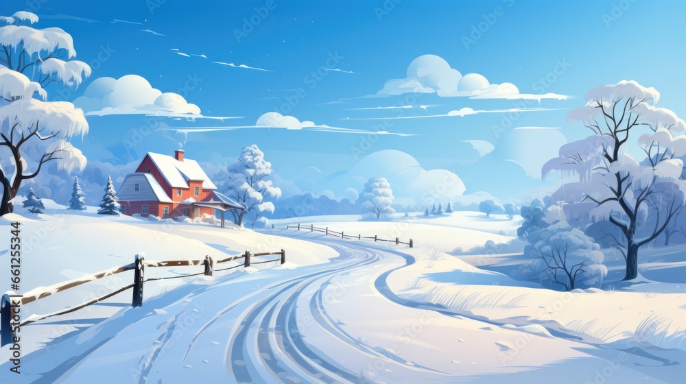 Fototapeta premium Blizzard Blankets The Countryside Landscape With House And Car In A Relentless Whiteout, Cartoon Vector Illustration