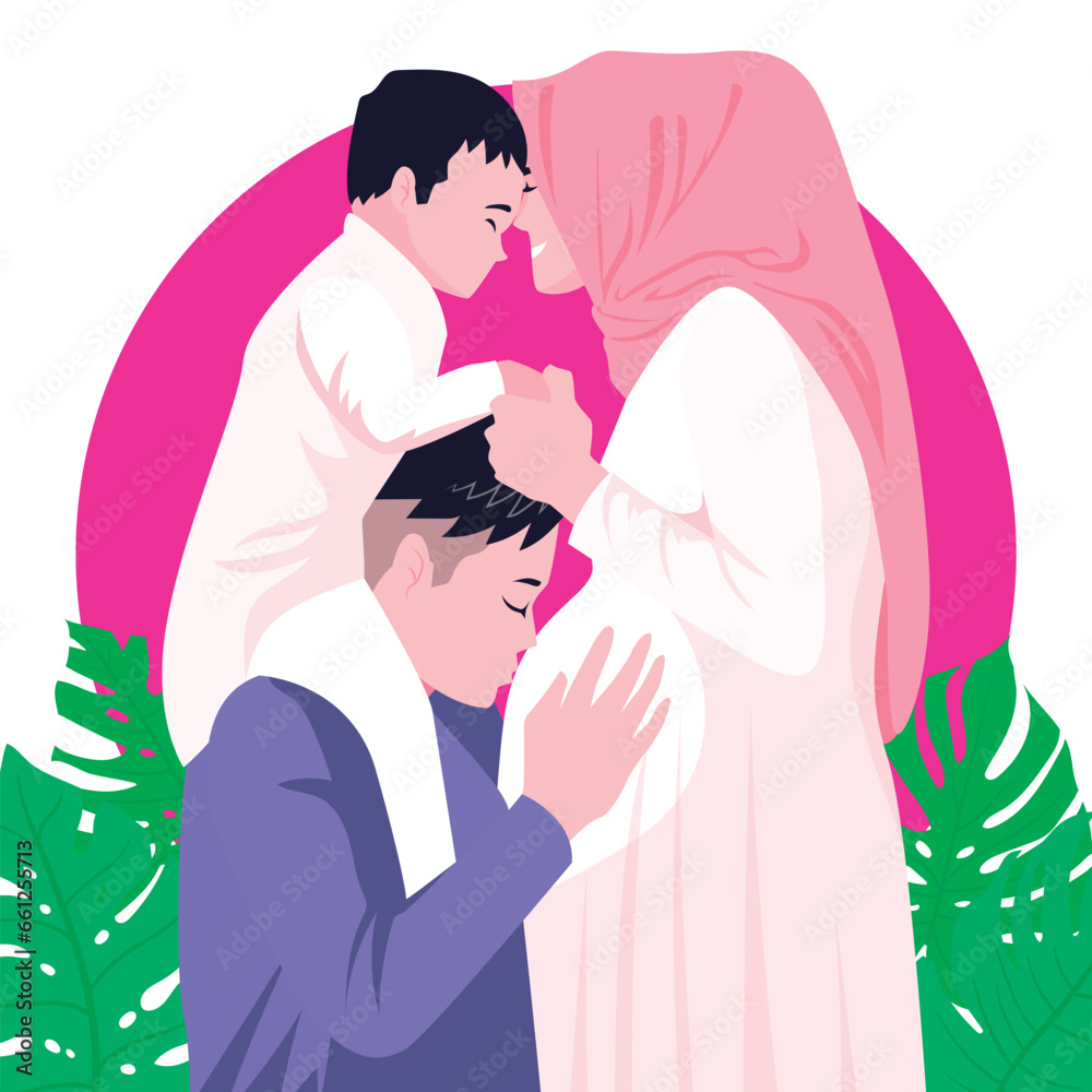 Obraz premium Hand drawn muslim maternity with family potrait illustration