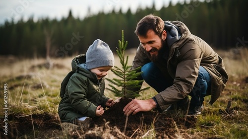 The little boy and a father plant a treee 