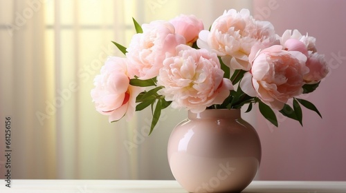 Vase with beautiful peony flowers on table
