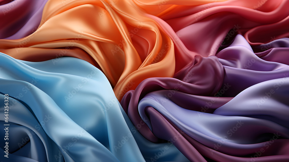 Obraz premium Beauty of fine silk fabrics ; A detailed closeup 4K shot showcasing the lustrous silk in mesmerizing array of colors - blue, orange, purple, and pink hues