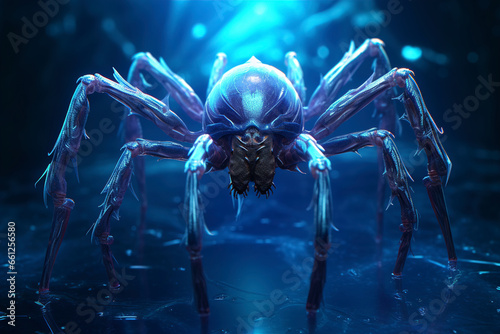 An angry giant huntsman spider in blue. (Generative AI) photo