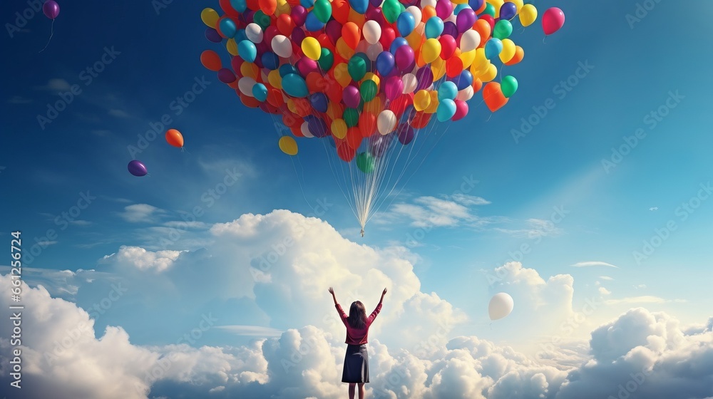 Person Releasing Balloons of Liberation and Renewal - obrazy, fototapety, plakaty 