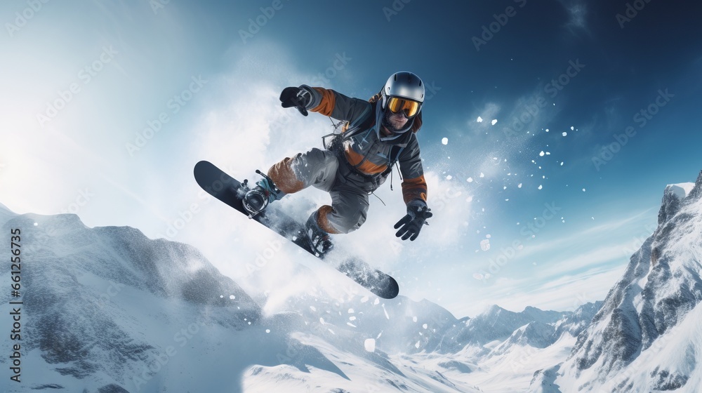 Extreme High Flying Big Air Snowboarder Jump