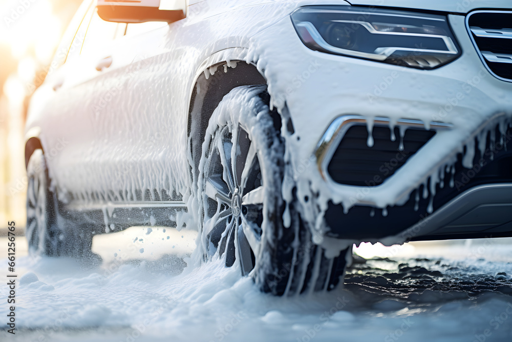 Car washing, foam washing concept The background is out of focus.