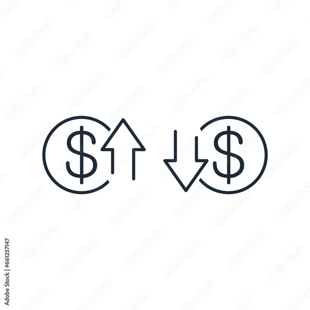 The dollar moves up and down. Vector linear icon isolated on white background. The dollar moves up and down. Vector linear icon isolated on white background.