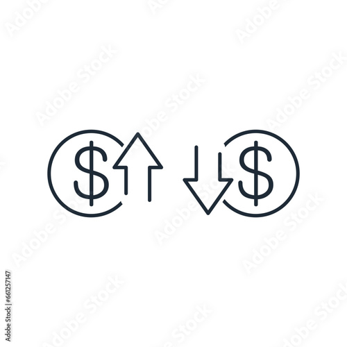 The dollar moves up and down.  Vector linear icon isolated on white background.