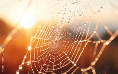 Cold dew condensing on a spider web with morning light rays in the background © piai